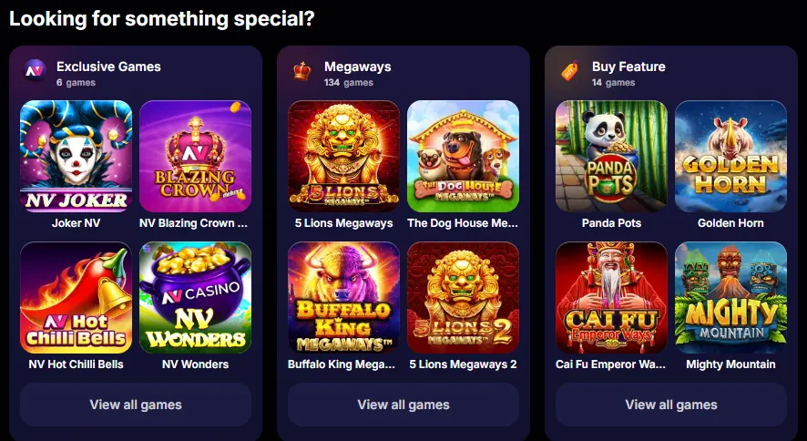 NV Kasino permainan perpustakaan kategori dan gambar slot yang ditampilkan
